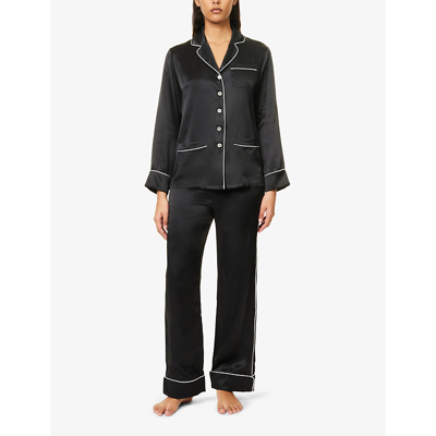 Shop Olivia Von Halle Coco Contrast-piping Silk Pyjama In Jet Black Ivory Core