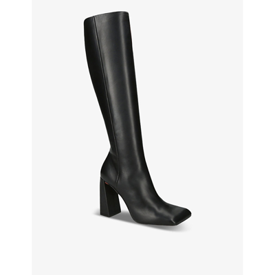 Shop Amina Muaddi Marine Square-toe Leather Heeled Knee-high Boots In Black