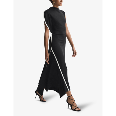 Shop Reiss Womens Black/white Klein Asymmetric Stretch-woven Midi Dress