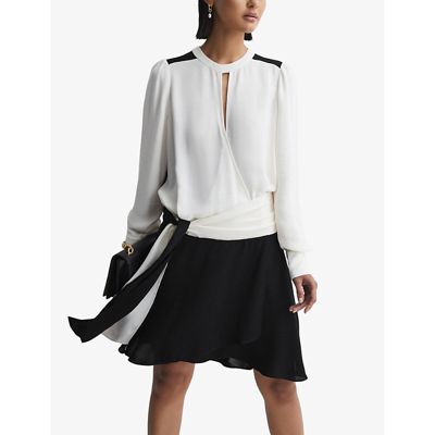 Shop Reiss Women's Ivory/black Sadie Colourblock Woven Mini Dress