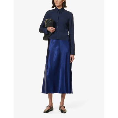 Shop Vince Women's Blue High-rise Flared-hem Woven Midi Skirt In Dk Caspian-404dkn