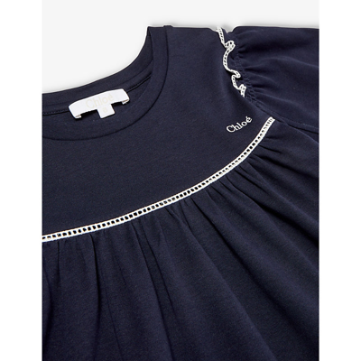 Shop Chloé Chloe Girls Navy Kids Logo-embroidered Fluted-sleeve Cotton-jersey Dress 4-14 Years