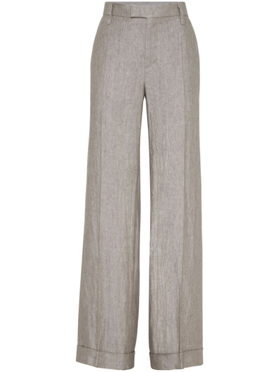 Shop Brunello Cucinelli Loose Flared Pants With Monili In Brown