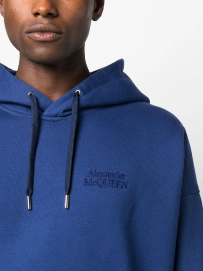 Shop Alexander Mcqueen Embroidered Logo Hoodie In Blue