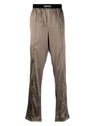 Tom Ford Logo-waist Silk Pajama Bottoms In Brown