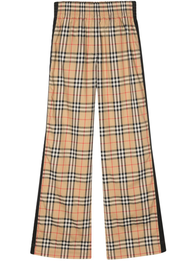 Burberry Stretch Cotton Pants With Check Pattern And Lateral Bands In Beige