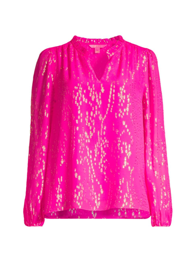 Shop Lilly Pulitzer Women's Giana Metallic Balloon-sleeve Blouse In Pink Palms