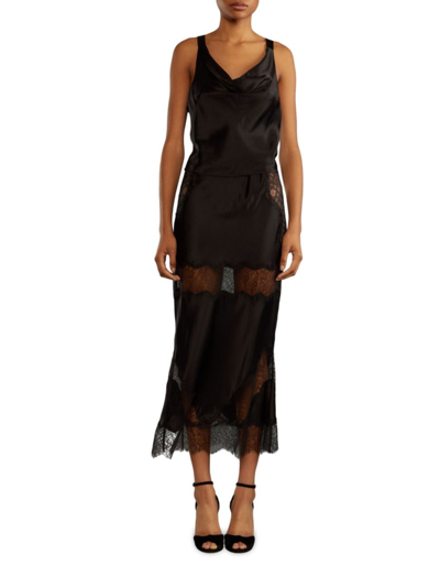 Shop Cynthia Rowley Women's Silk & Lace Midi-skirt In Black