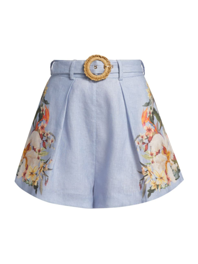 Shop Off-white Women's Lexi Belted Floral Linen Shorts In Blue Palm