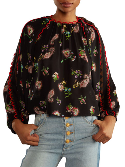 Shop Cynthia Rowley Women's Paisley Loop-trim Silk Blouse In Black Floral
