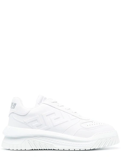 Shop Versace Sneakers With Greca Motif On The Sides In White
