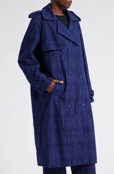 Shop Farm Rio Eyelet Double Breasted Trench Coat In Navy Blue