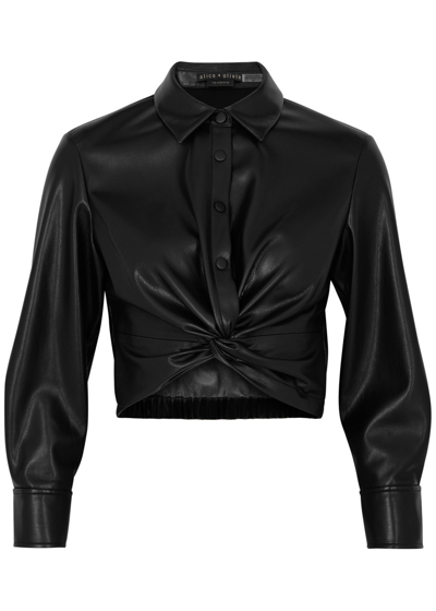 Shop Alice And Olivia Phebe Cropped Faux Leather Shirt In Black
