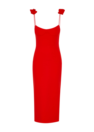Shop Magda Butrym Floral-appliquéd Stretch-crepe Midi Dress In Red
