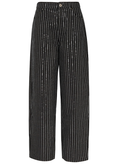 Shop Rotate Birger Christensen Striped Sequin-embellished Wide-leg Jeans In Black