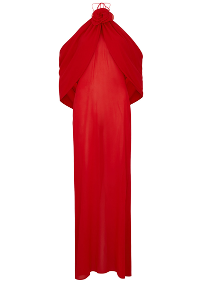 Shop Magda Butrym Halterneck Cape-effect Stretch-silk Maxi Dress In Red