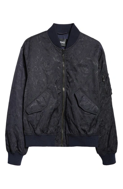 Shop Versace Barocco Jacquard Nylon Bomber Jacket In Navy Blue