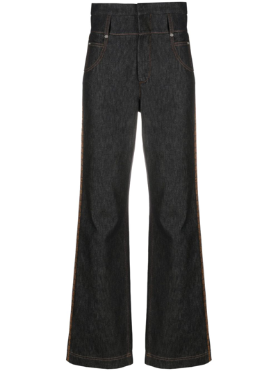 Shop Fendi Blue High-waist Straight Jeans - Women's - Cotton/calf Leather In Black
