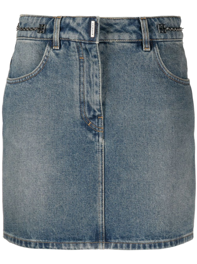 Shop Givenchy Chain-embellished Denim Mini Skirt - Women's - Cotton/polyester In Blue