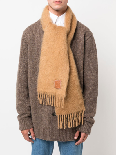 Shop Loewe Mohair And Wool Fringed Scarf In Brown