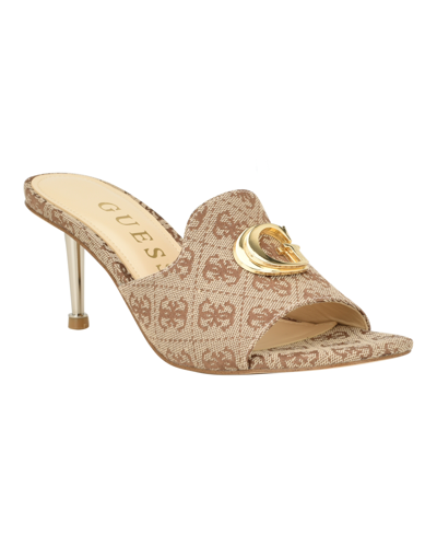 Shop Guess Women's Snapps Logo Embellished Mule Heel Sandals In Medium Brown - Textile