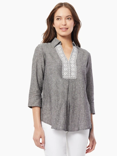 Shop Jones New York Collared Lace-front Linen-blend Blouse In Grey