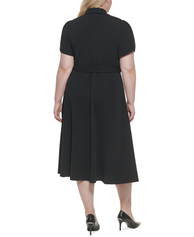 Shop Calvin Klein Plus Size Tulip-sleeve Belted Shirtdress In Black
