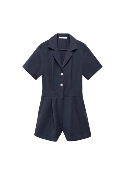 Shop Mango Short Jumpsuit With Pleat Detail Navy In Bleu Marine
