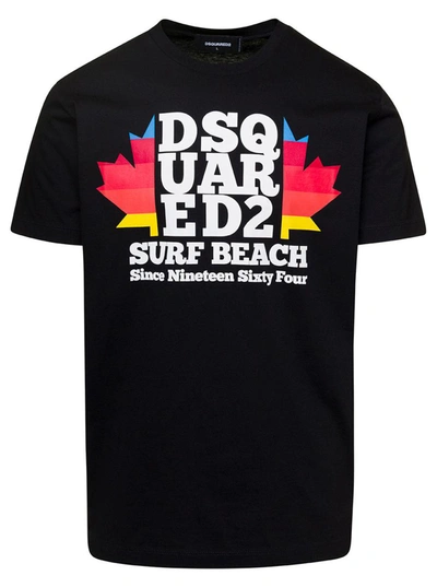 Shop Dsquared2 Black Crewneck T-shirt With D2 Surf Beach Logo On The Chest In Cotton Man