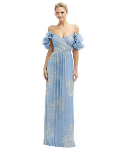 After Six Ruffle Off The Shoulder Metallic Column Gown In Larkspur Gold Foil