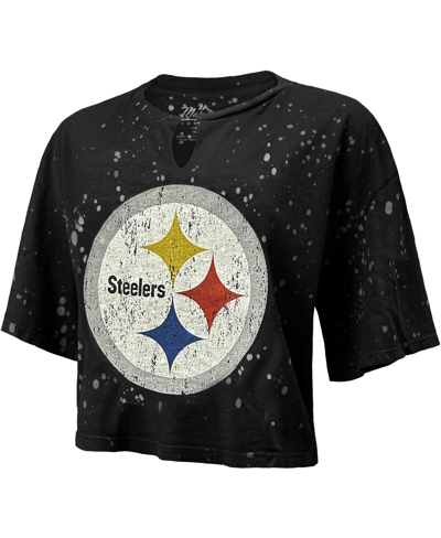Shop Majestic Women's  Threads Black Distressed Pittsburgh Steelers Bleach Splatter Notch Neck Crop T-shir