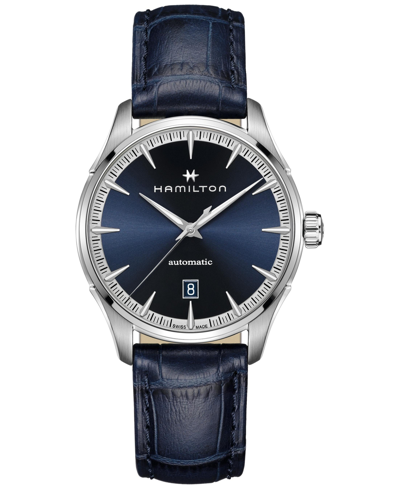 Shop Hamilton Men's Swiss Automatic Jazzmaster Blue Leather Strap Watch 40mm