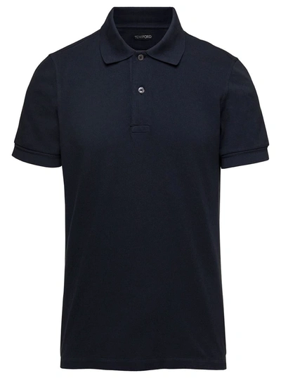 Shop Tom Ford Blue Polo T-shirt With Embroidered Tone On Tone Logo In Cotton Man