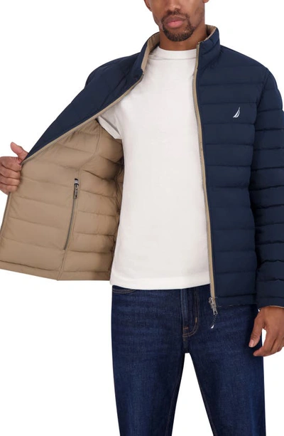 Nautica Water Resistant Reversible Puffer Jacket In Taupe