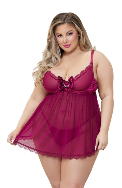 Seven 'til Midnight Seven ‘til Midnight Mesh Babydoll & Thong In Wine