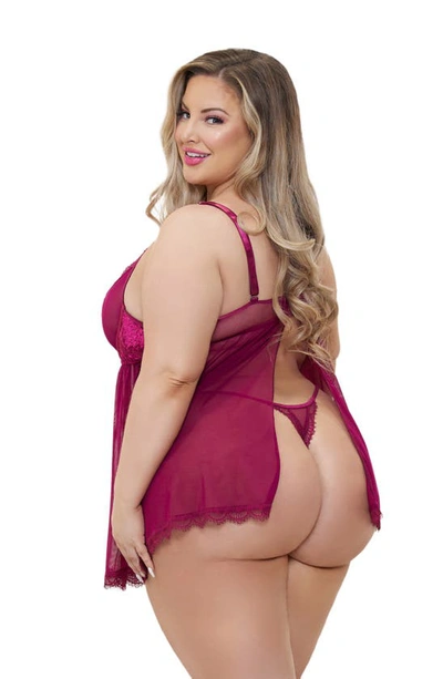 Seven 'til Midnight Seven ‘til Midnight Mesh Babydoll & Thong In Wine