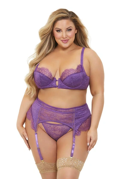 Seven 'til Midnight Seven ‘til Midnight Lace Bra, Garter Belt & Thong Set In Purple