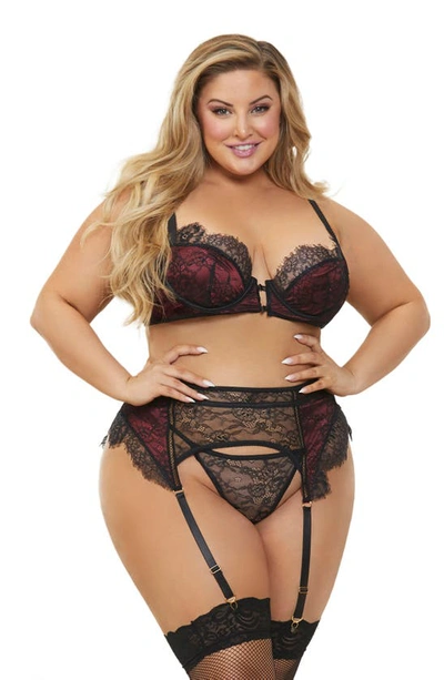 Seven 'til Midnight Lace Bra, Garter Belt & Thong Set In Black/ Wine