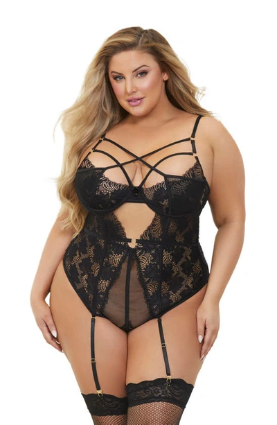 Shop Seven 'til Midnight Seven ‘til Midnight Fishnet Lace Strappy Teddy In Black