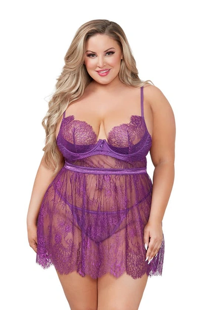 Shop Seven 'til Midnight Seven ‘til Midnight Lace Underwire Babydoll & Tanga Set In Purple