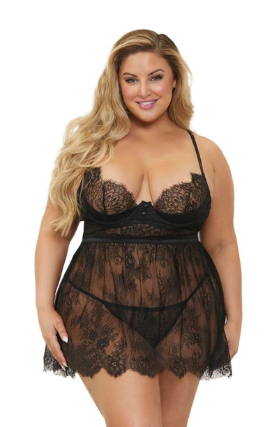 Seven 'til Midnight Seven ‘til Midnight Lace Underwire Babydoll & Tanga Set In Black