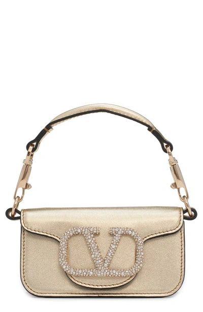 Shop Valentino Mini Locò Vlogo Crystal Detail Metallic Leather Shoulder Bag In P16 Platino/ Crystal