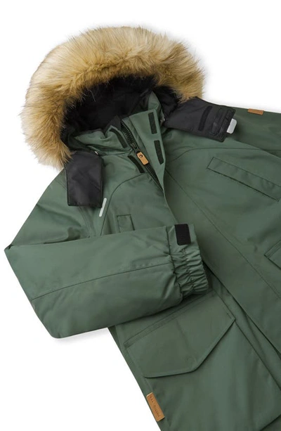 Shop Reima Kids' Tec Serkku Windproof & Waterproof Jacket With Removable Faux Fur Trim In Thyme Green
