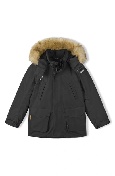 Shop Reima Kids' Serkku Waterproof Down & Feather Fill Jacket With Faux Fur Trim In Black