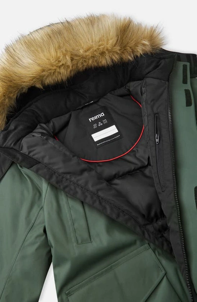 Shop Reima Kids' Serkku Waterproof Down & Feather Fill Jacket With Faux Fur Trim In Thyme Green
