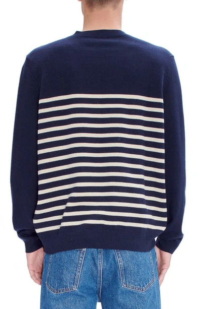 Shop Apc Pull Matthew Stripe Recycled Cashmere & Cotton Crewneck Sweater In Tiq Dark Navy/ Ecru
