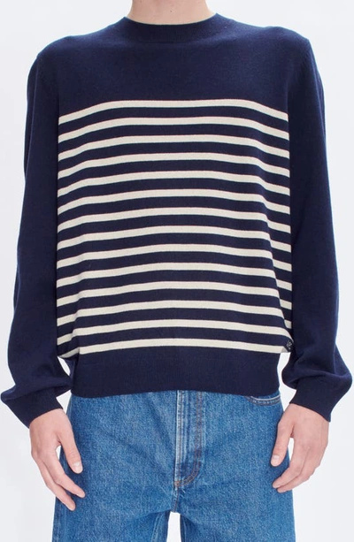 Shop Apc Pull Matthew Stripe Recycled Cashmere & Cotton Crewneck Sweater In Tiq Dark Navy/ Ecru