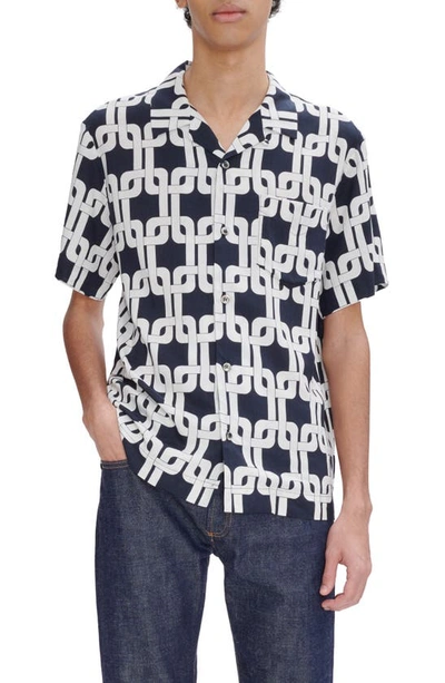 Shop Apc Lloyd Link Print Viscose & Linen Camp Shirt In Iak Dark Navy