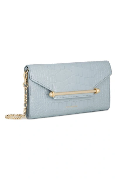 Shop Strathberry Multrees Croc Embossed Leather Wallet On A Chain In Duck Egg Blue