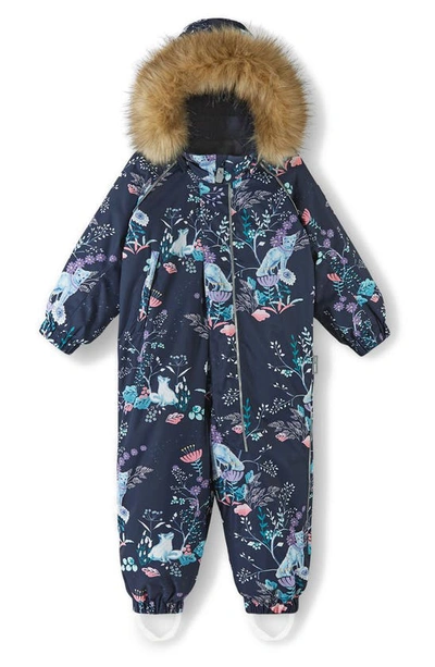 Shop Reima Tec Waterproof Snowsuit With Faux Fur Trim In Navy